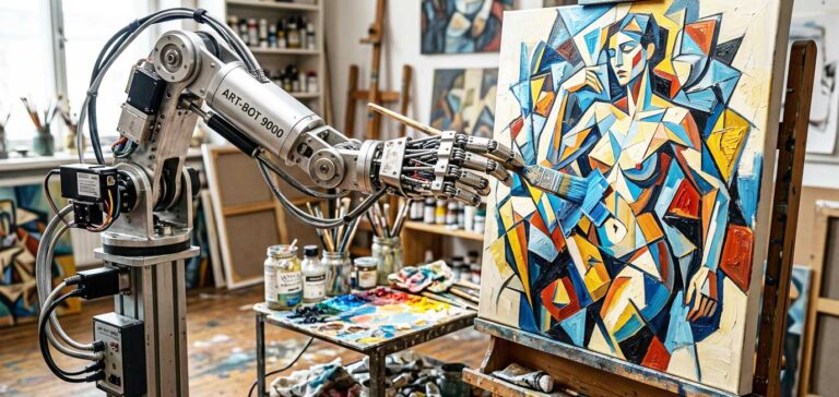 Quadro cubista sendo pintado por um robô